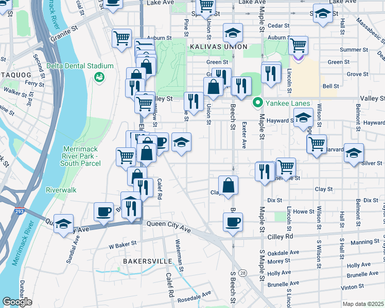 map of restaurants, bars, coffee shops, grocery stores, and more near 160 Silver Street in Manchester
