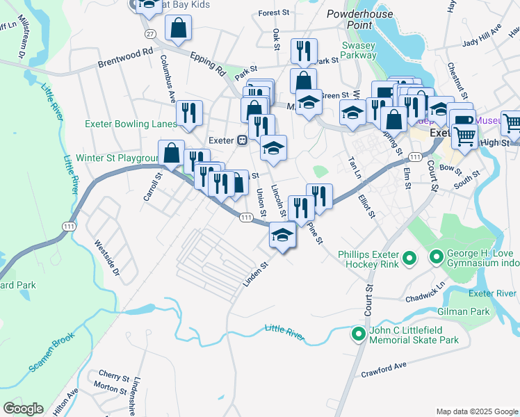 map of restaurants, bars, coffee shops, grocery stores, and more near 8 Union Street in Exeter