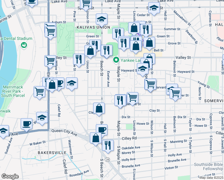 map of restaurants, bars, coffee shops, grocery stores, and more near 361 Harvard Street in Manchester
