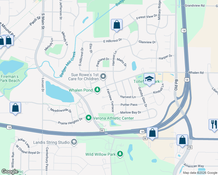 map of restaurants, bars, coffee shops, grocery stores, and more near 731 Whalen Road in Verona