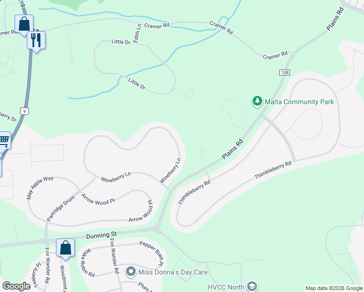 map of restaurants, bars, coffee shops, grocery stores, and more near 117 Wineberry Lane in Ballston Spa