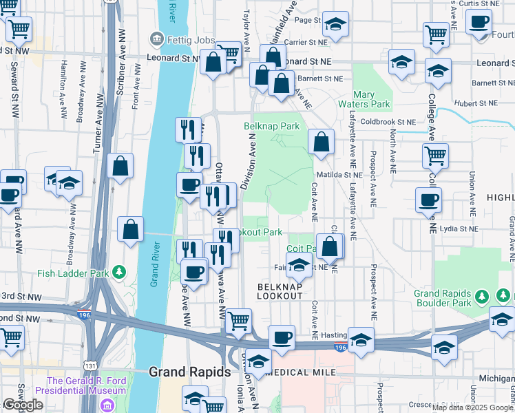 map of restaurants, bars, coffee shops, grocery stores, and more near 840 Division Avenue North in Grand Rapids