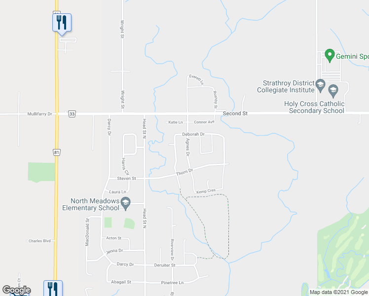 map of restaurants, bars, coffee shops, grocery stores, and more near 554 Agnes Drive in Exeter