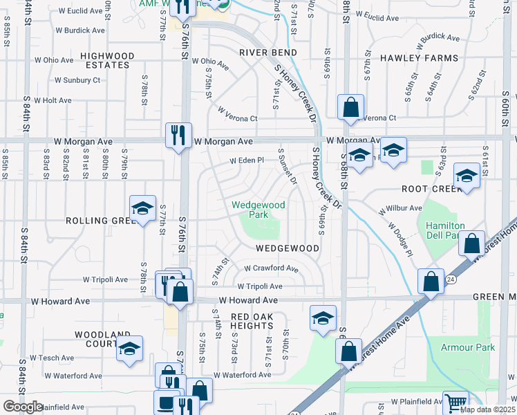 map of restaurants, bars, coffee shops, grocery stores, and more near 7201 West Wedgewood Drive in Milwaukee