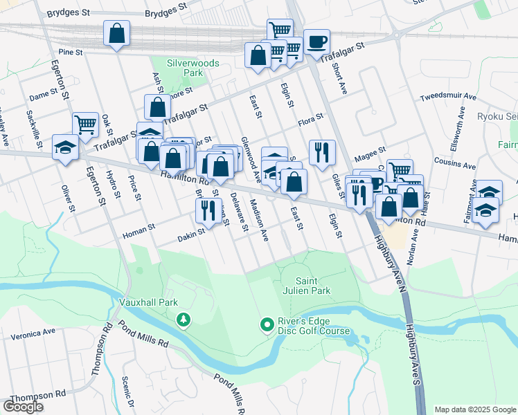 map of restaurants, bars, coffee shops, grocery stores, and more near 152 Madison Avenue in London
