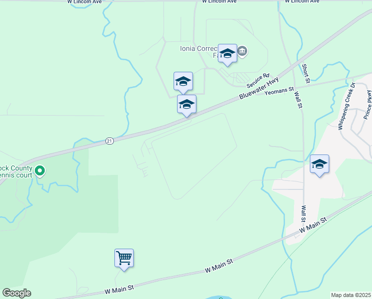 map of restaurants, bars, coffee shops, grocery stores, and more near 1727 West Bluewater Highway in Ionia