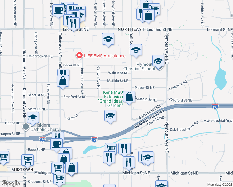 map of restaurants, bars, coffee shops, grocery stores, and more near 1503 Bradford Street Northeast in Grand Rapids