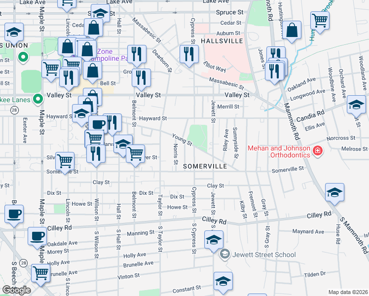 map of restaurants, bars, coffee shops, grocery stores, and more near 81 Hamblet Street in Manchester