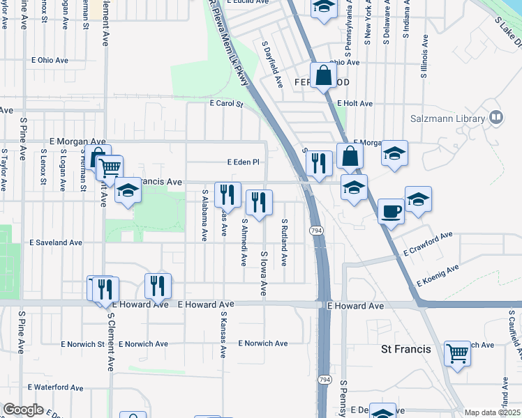 map of restaurants, bars, coffee shops, grocery stores, and more near 3653 South Iowa Avenue in Saint Francis