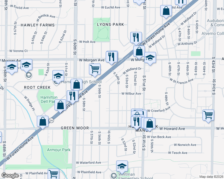 map of restaurants, bars, coffee shops, grocery stores, and more near 3654 S 55th St in Milwaukee