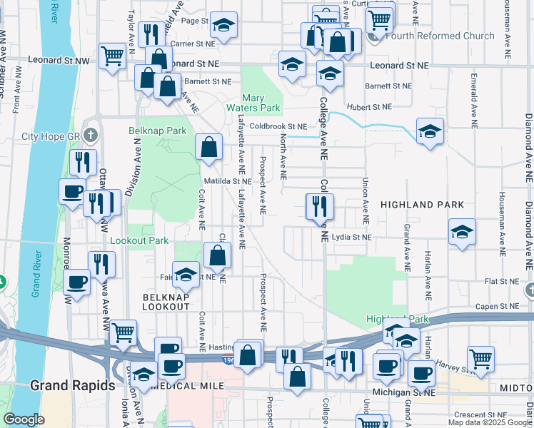 map of restaurants, bars, coffee shops, grocery stores, and more near 814 Prospect Avenue Northeast in Grand Rapids