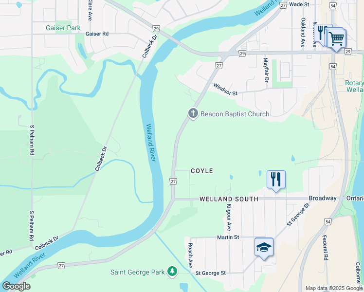 map of restaurants, bars, coffee shops, grocery stores, and more near 309 Riverside Drive in Welland