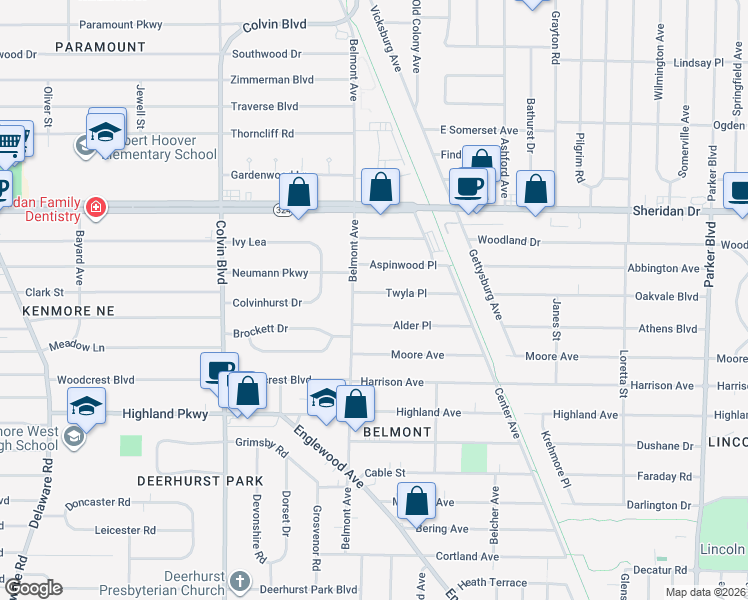map of restaurants, bars, coffee shops, grocery stores, and more near 21 Twyla Place in Buffalo