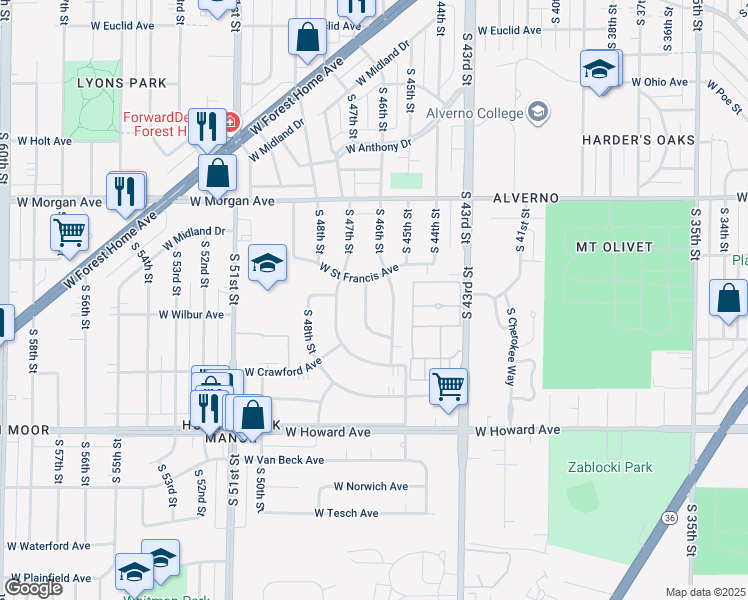 map of restaurants, bars, coffee shops, grocery stores, and more near 3628 South 46th Place in Greenfield