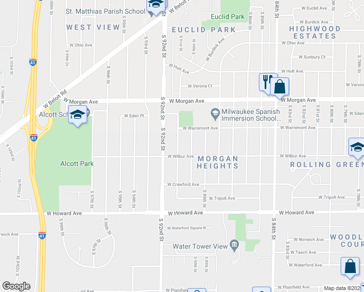 map of restaurants, bars, coffee shops, grocery stores, and more near 3650 South 91st Street in Milwaukee