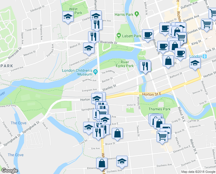 map of restaurants, bars, coffee shops, grocery stores, and more near 81 Stanley Street in London