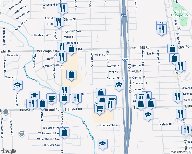 map of restaurants, bars, coffee shops, grocery stores, and more near 1155 Carman Street in Burton