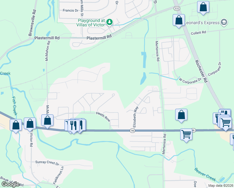 map of restaurants, bars, coffee shops, grocery stores, and more near 1125 Ridge Crest Dr in Victor