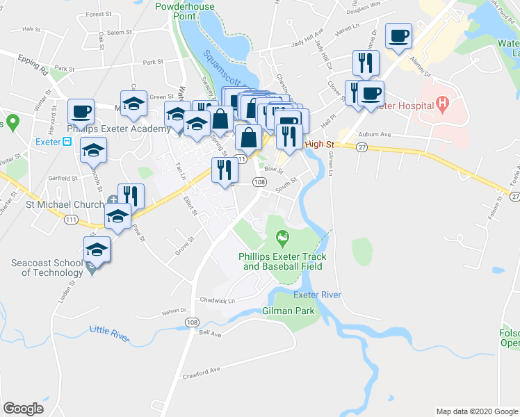 map of restaurants, bars, coffee shops, grocery stores, and more near 32 Court Street in Exeter