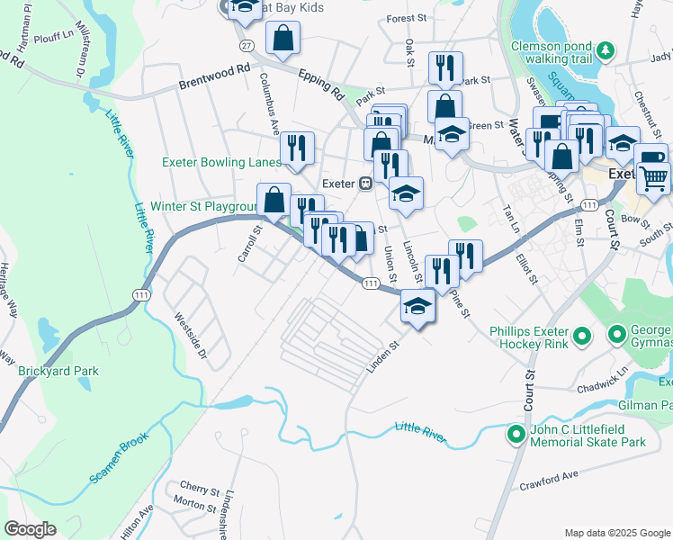 map of restaurants, bars, coffee shops, grocery stores, and more near 142 Front Street in Exeter