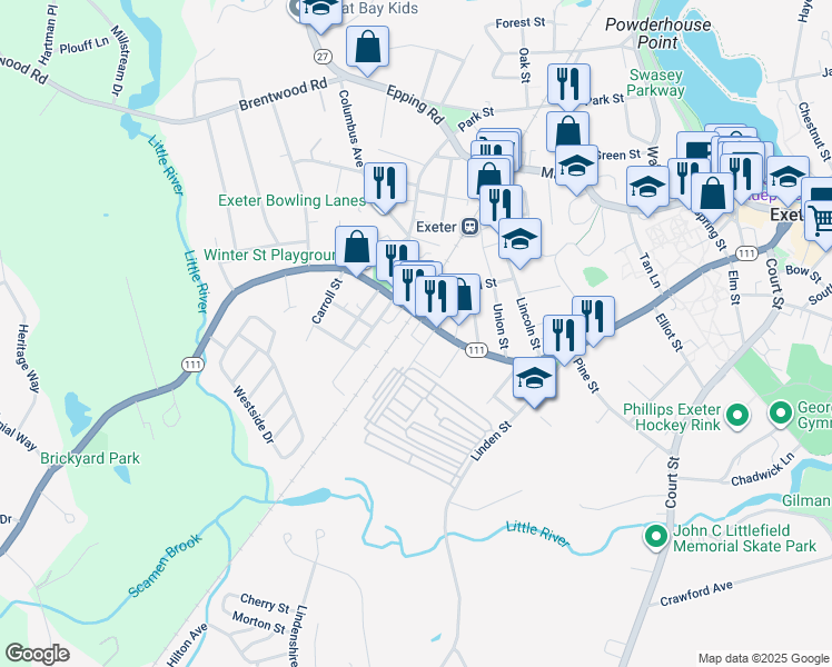 map of restaurants, bars, coffee shops, grocery stores, and more near 142 Front Street in Exeter