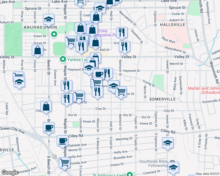 map of restaurants, bars, coffee shops, grocery stores, and more near 182 Hall Street in Manchester