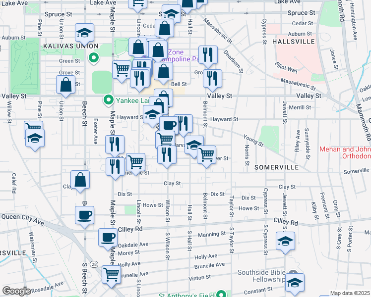 map of restaurants, bars, coffee shops, grocery stores, and more near 182 Hall Street in Manchester