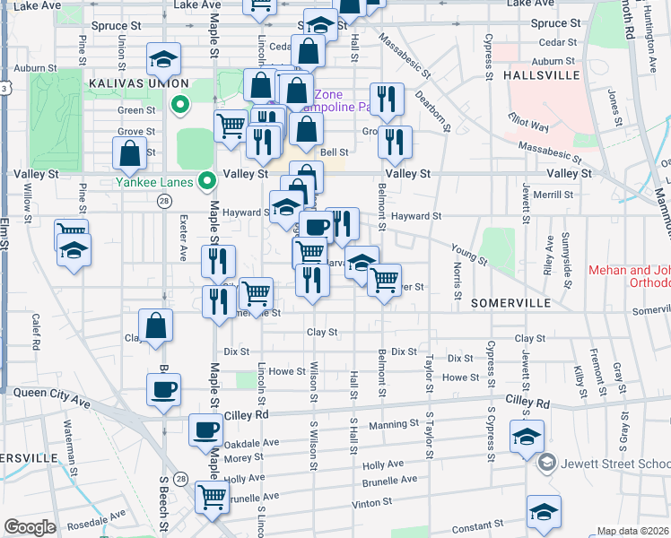 map of restaurants, bars, coffee shops, grocery stores, and more near 182 Hall Street in Manchester
