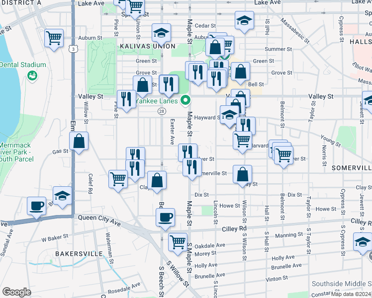 map of restaurants, bars, coffee shops, grocery stores, and more near 361 Harvard Street in Manchester