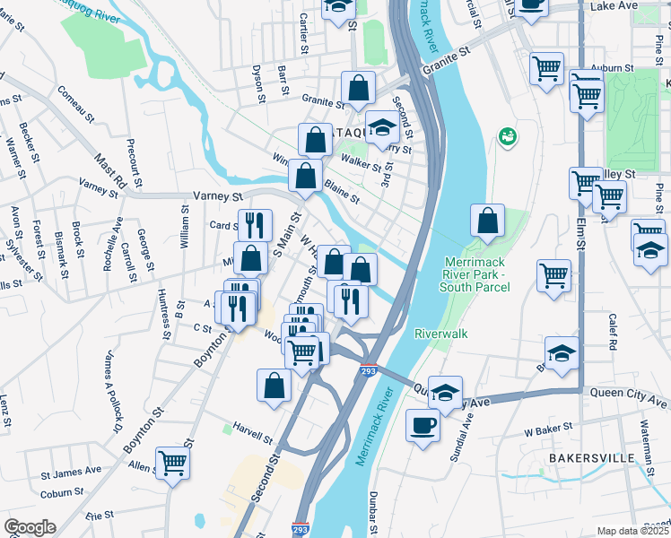 map of restaurants, bars, coffee shops, grocery stores, and more near 5B Colby Street in Manchester