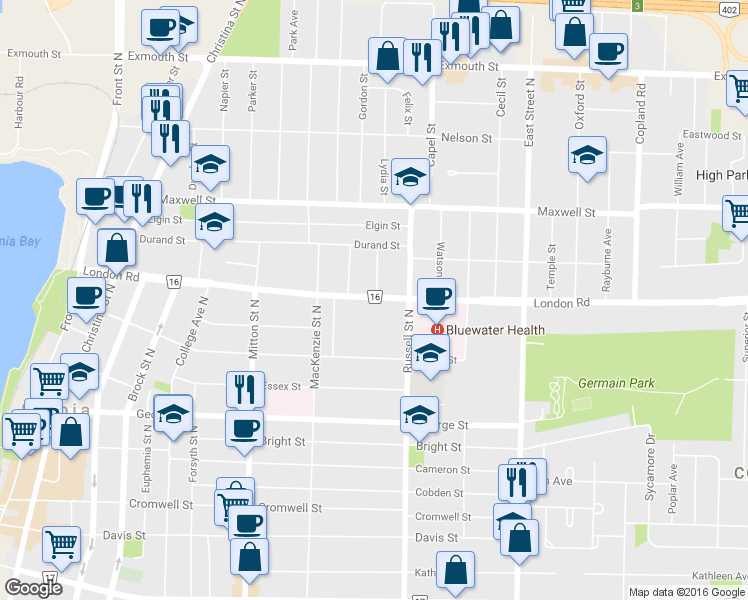 map of restaurants, bars, coffee shops, grocery stores, and more near 375 London Road in Sarnia