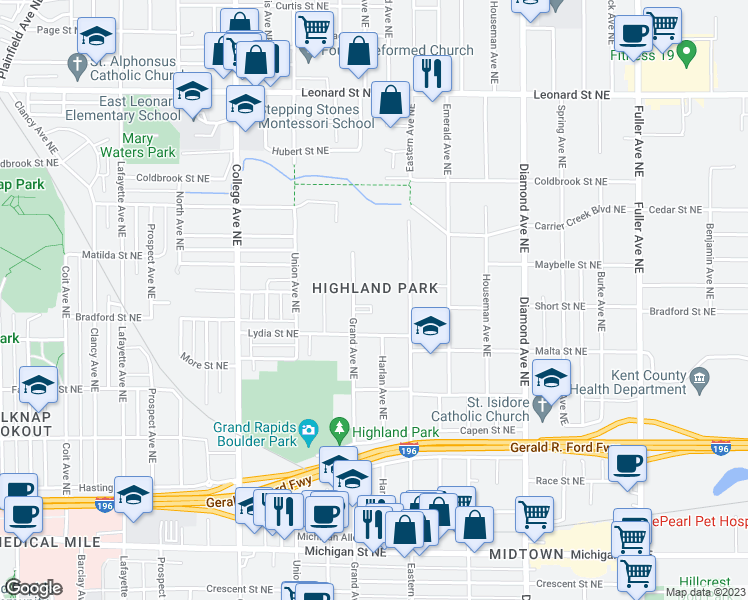 map of restaurants, bars, coffee shops, grocery stores, and more near 864 Grand Avenue Northeast in Grand Rapids