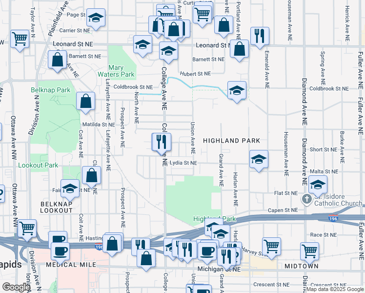 map of restaurants, bars, coffee shops, grocery stores, and more near 835 Paris Avenue Northeast in Grand Rapids