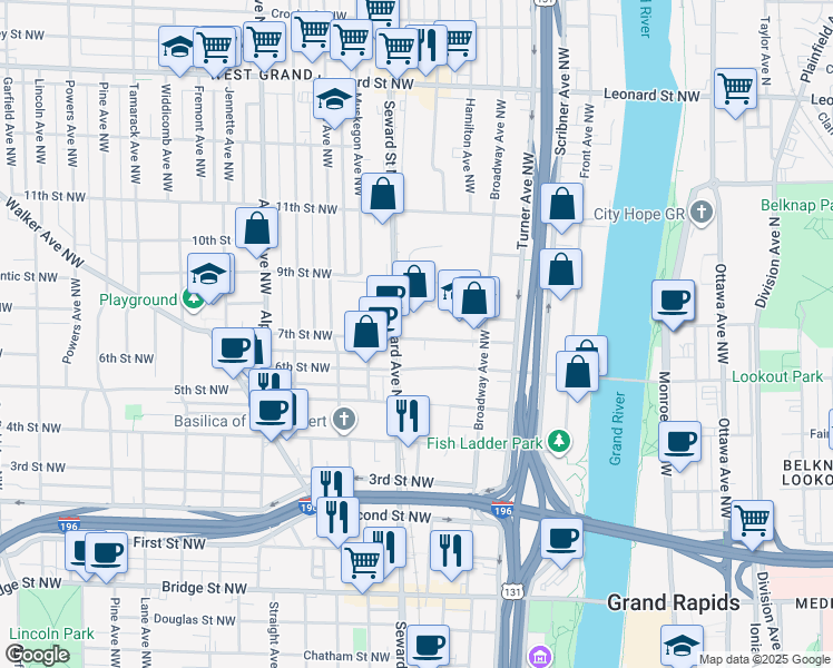 map of restaurants, bars, coffee shops, grocery stores, and more near 801 Broadway Avenue Northwest in Grand Rapids
