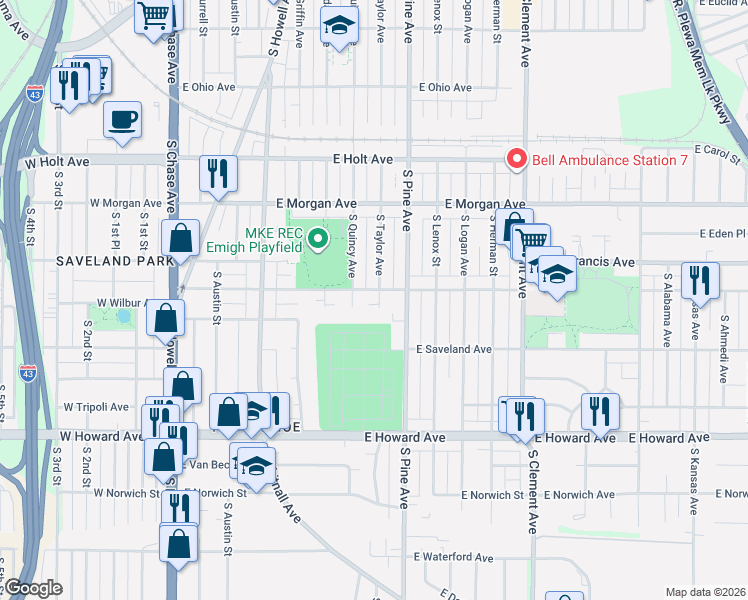 map of restaurants, bars, coffee shops, grocery stores, and more near 3654 South Quincy Court in Milwaukee