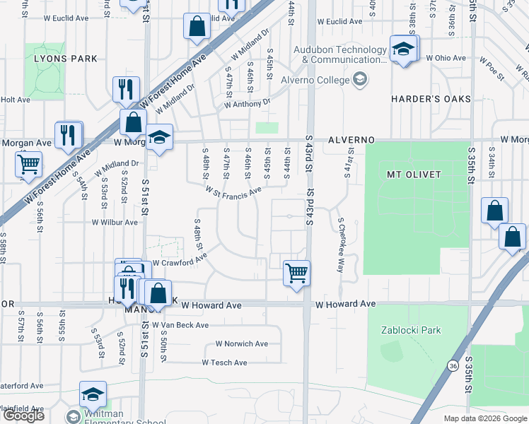 map of restaurants, bars, coffee shops, grocery stores, and more near 3640 South 46th Street in Greenfield