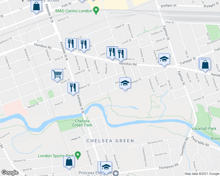 map of restaurants, bars, coffee shops, grocery stores, and more near 666 Trafalgar Street in London