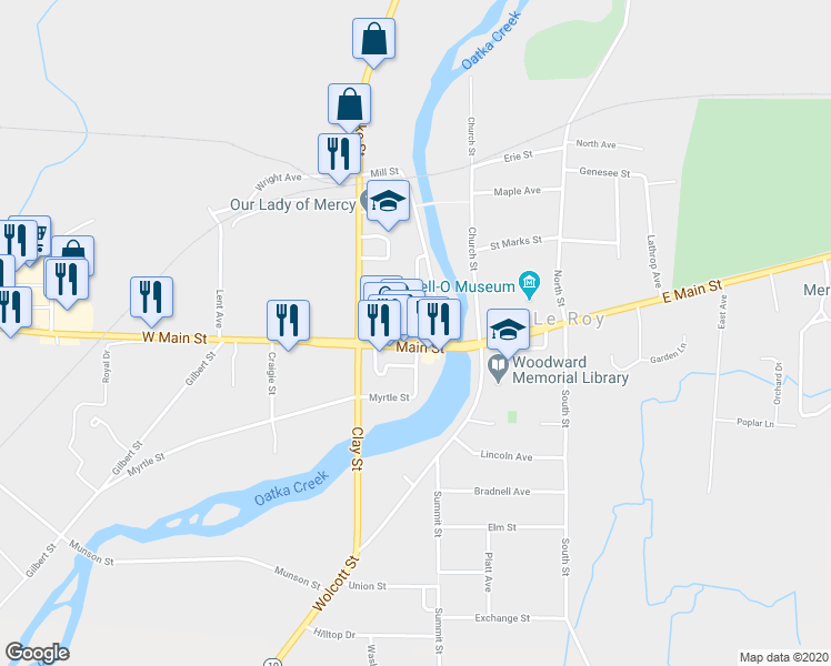 map of restaurants, bars, coffee shops, grocery stores, and more near 24 Main Street in Le Roy