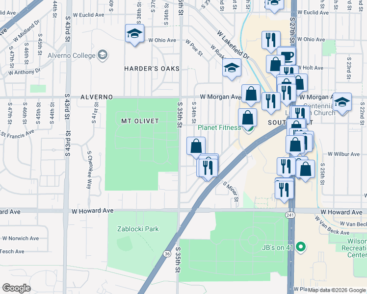map of restaurants, bars, coffee shops, grocery stores, and more near 3664 South 35th Street in Milwaukee