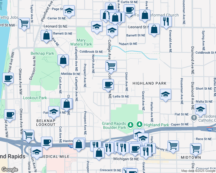 map of restaurants, bars, coffee shops, grocery stores, and more near 821 College Avenue Northeast in Grand Rapids