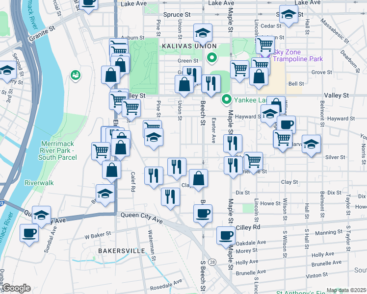 map of restaurants, bars, coffee shops, grocery stores, and more near 133 Union Street in Manchester