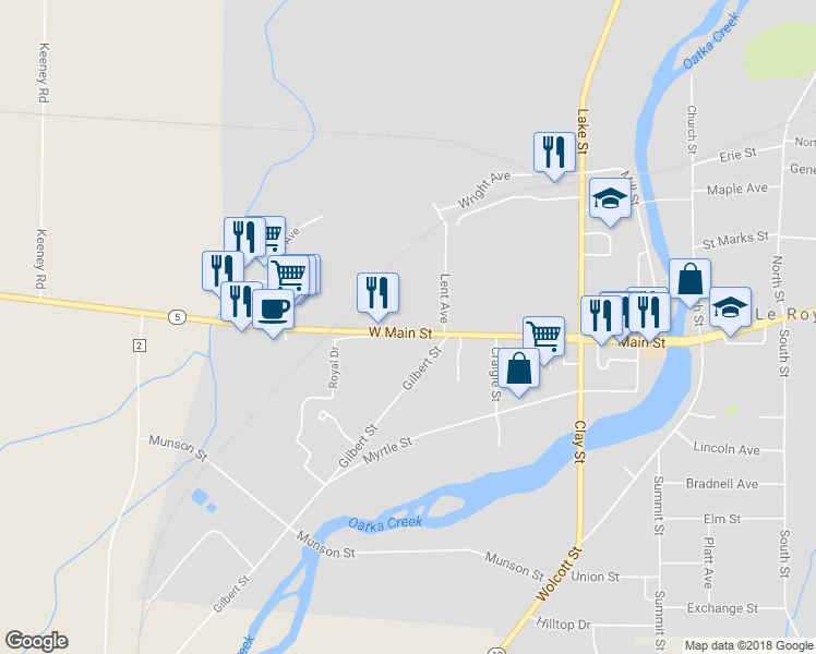 map of restaurants, bars, coffee shops, grocery stores, and more near 78 Highway 5 in Le Roy