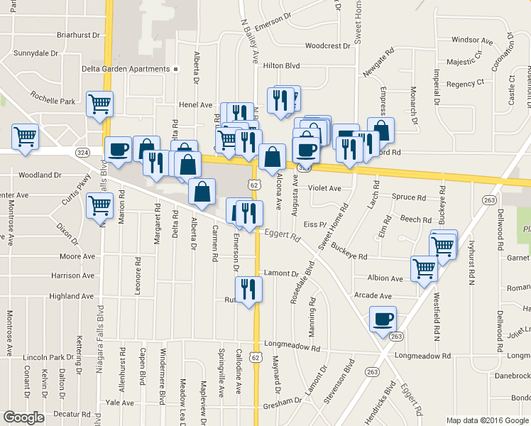 map of restaurants, bars, coffee shops, grocery stores, and more near 4513 Bailey Avenue in Buffalo