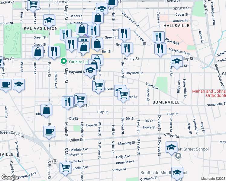 map of restaurants, bars, coffee shops, grocery stores, and more near 182 Hall Street in Manchester