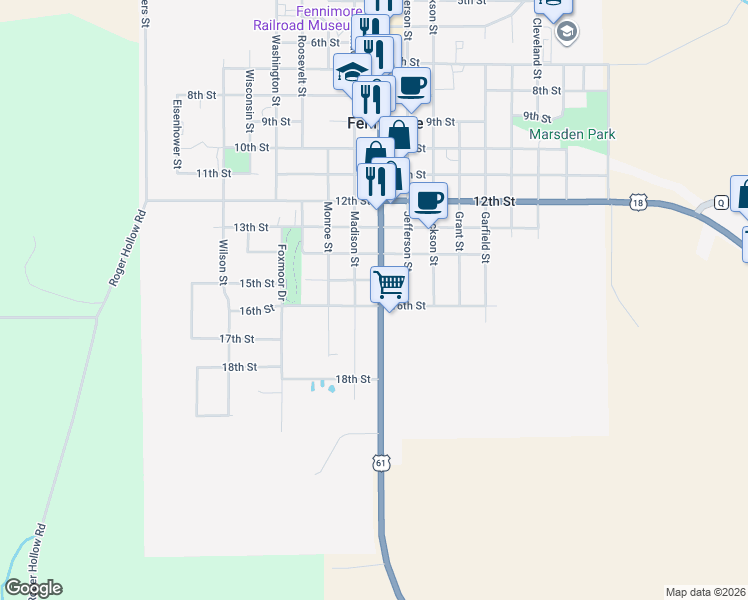 map of restaurants, bars, coffee shops, grocery stores, and more near 1580 16th Street in Fennimore