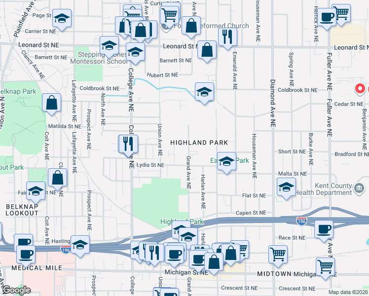 map of restaurants, bars, coffee shops, grocery stores, and more near 840 Benson Avenue Northeast in Grand Rapids
