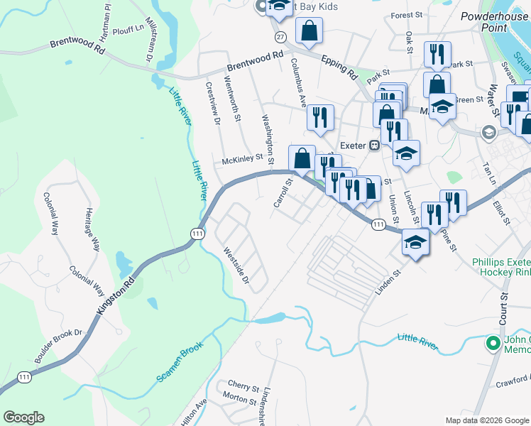 map of restaurants, bars, coffee shops, grocery stores, and more near 27 Carroll Street in Exeter