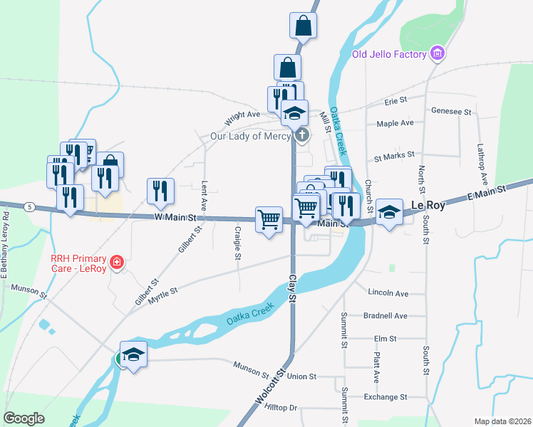map of restaurants, bars, coffee shops, grocery stores, and more near 22 West Main Street in Le Roy
