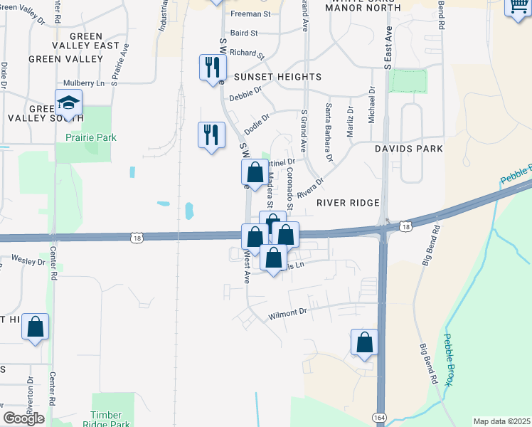 map of restaurants, bars, coffee shops, grocery stores, and more near 2042 Madera Street in Waukesha