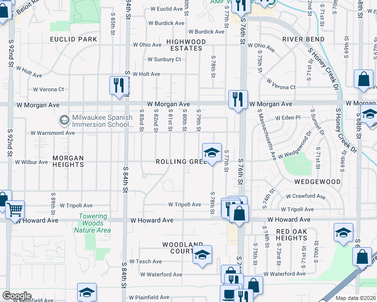 map of restaurants, bars, coffee shops, grocery stores, and more near 3652 S 80th St in Milwaukee